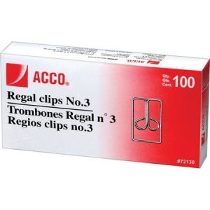 Wholesale Paper Clips & Fasteners: Discounts on ACCO Regal Clips (Owl Clips), Smooth Finish, #3 Size, 100/Box ACC72130