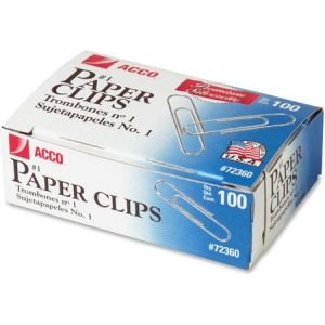 Wholesale Paper Clips & Fasteners: Discounts on ACCO Premium #1 Paper Clips, Smooth Finish, #1 Size 1-9/32", 100/Box ACC72360