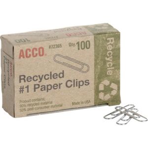 ACCO Recycled Paper Clips, Smooth Finish, #1 Size, 100/Box