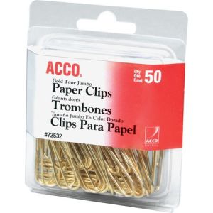Wholesale Paper Clips & Fasteners: Discounts on ACCO Gold Tone Clips, Smooth Finish, Jumbo Size, 50/Box ACC72532