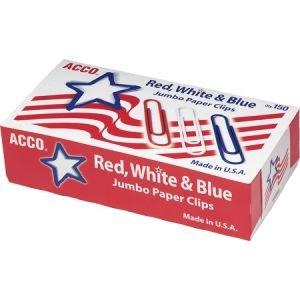 ACCO Nylon Coated Paper Clips, Smooth Finish, Jumbo Size, Red, White & Blue, 150/Box